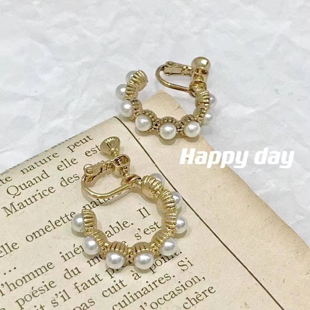 韩国Happy day饰品 合金耳夹 珍珠耳圈耳夹