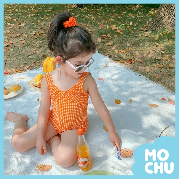 橘色格子蝴蝶結連身泳衣