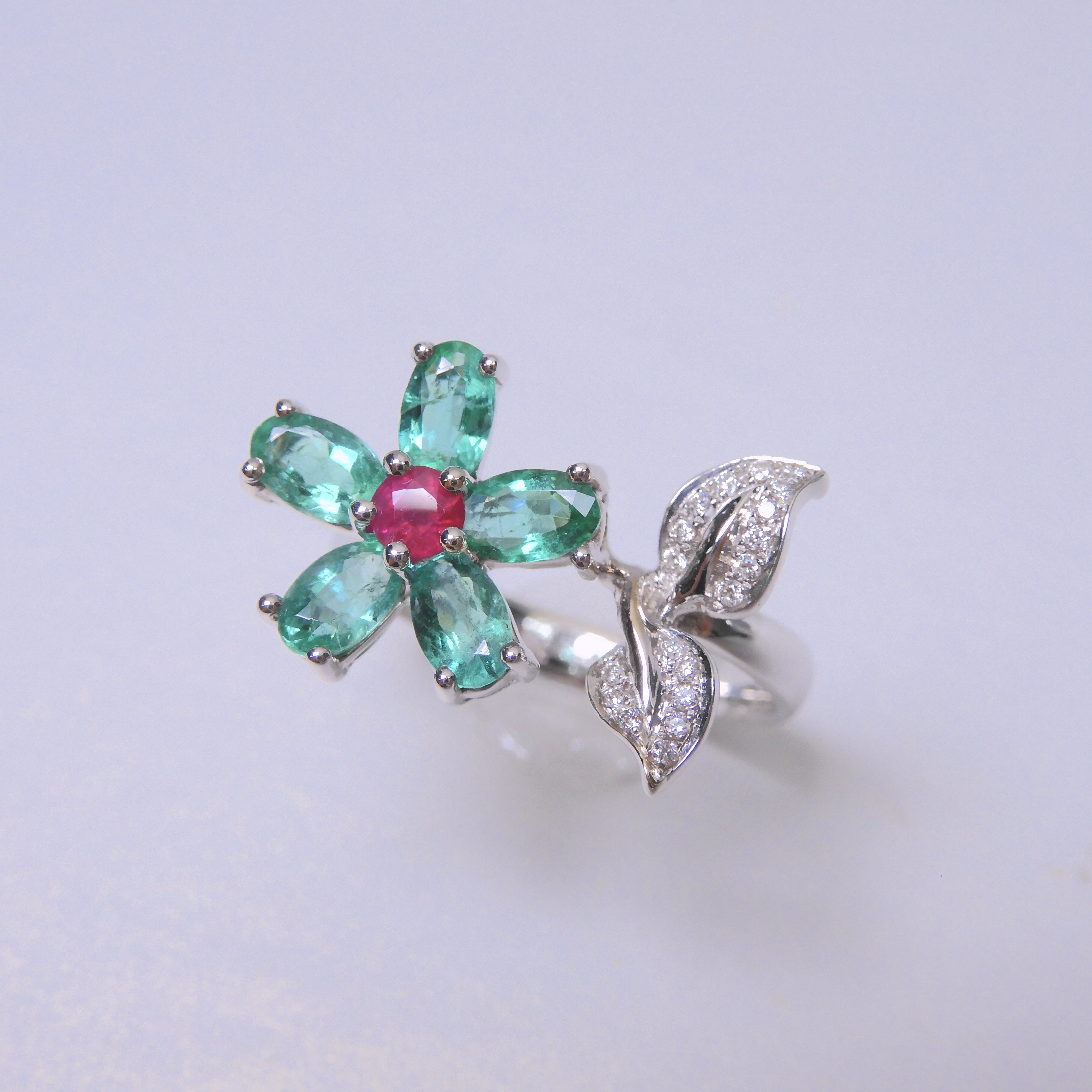 18K金 1.255ct 綠寶石 & 紅寶石戒指