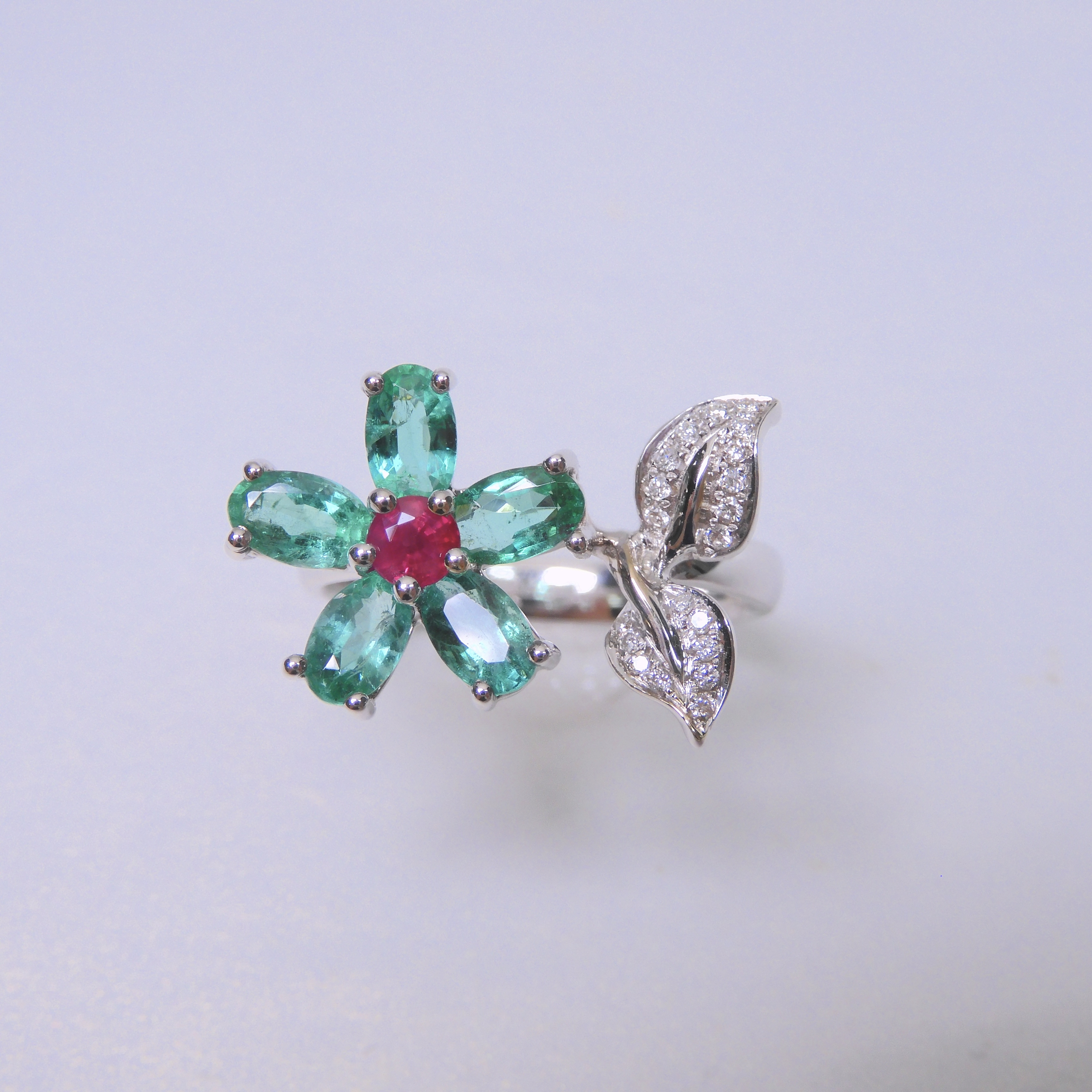 18K金 1.255ct 綠寶石 & 紅寶石戒指