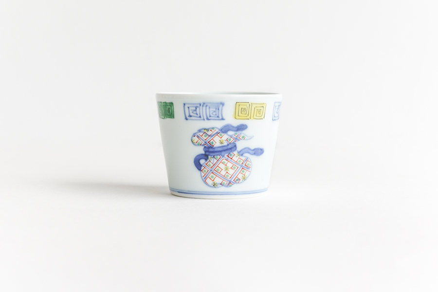 溪山窯-染錦渕地紋袋更紗蕎麥豬口