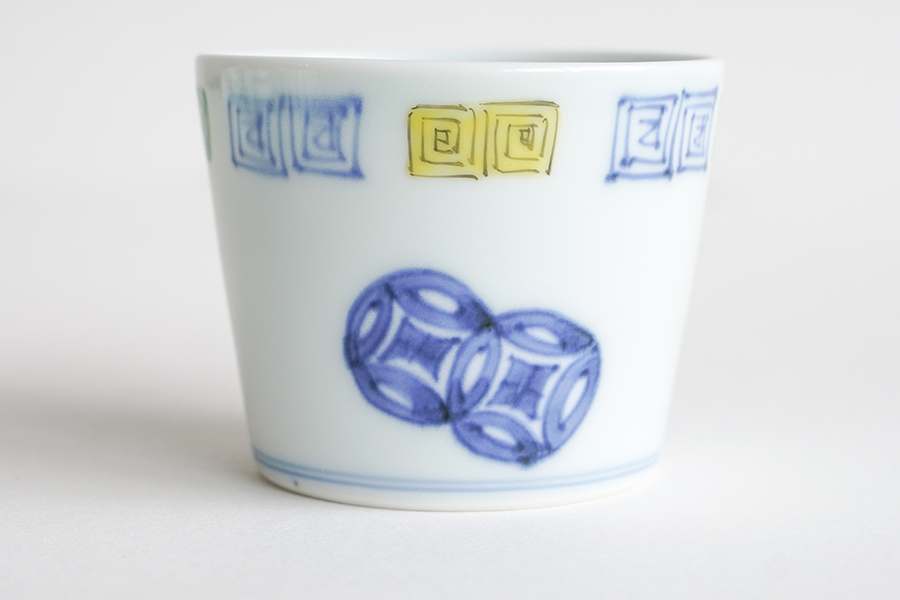 溪山窯-染錦渕地紋袋更紗蕎麥豬口