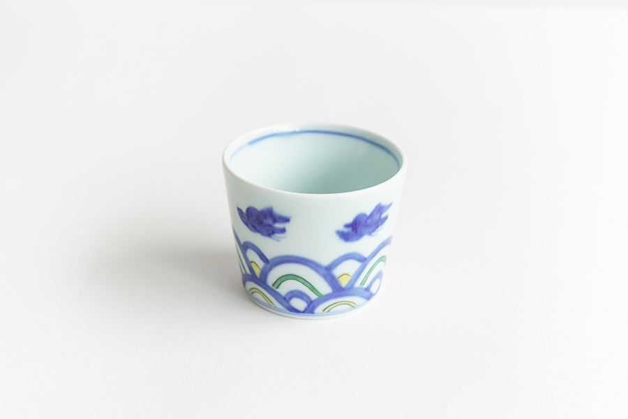 溪山窯-染錦青海波千鳥蕎麥豬口