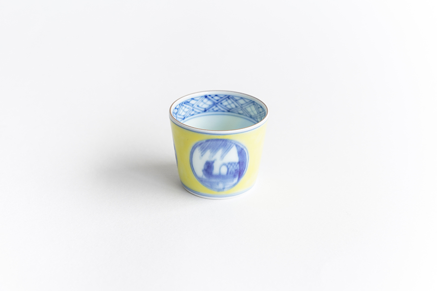 溪山窯-染錦黄彩丸紋薄手迷你蕎麥豬口