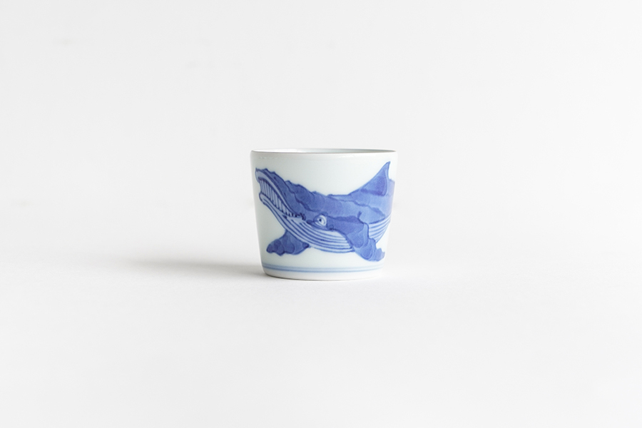 溪山窯-染付長鬚鯨薄手迷你蕎麥豬口
