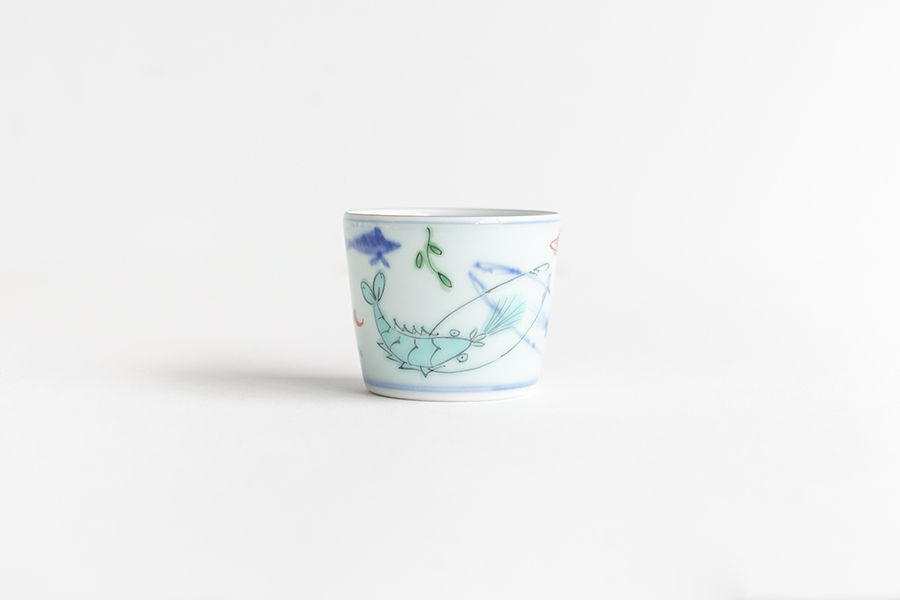 溪山窯-染錦雙海老薄手迷你蕎麥豬口