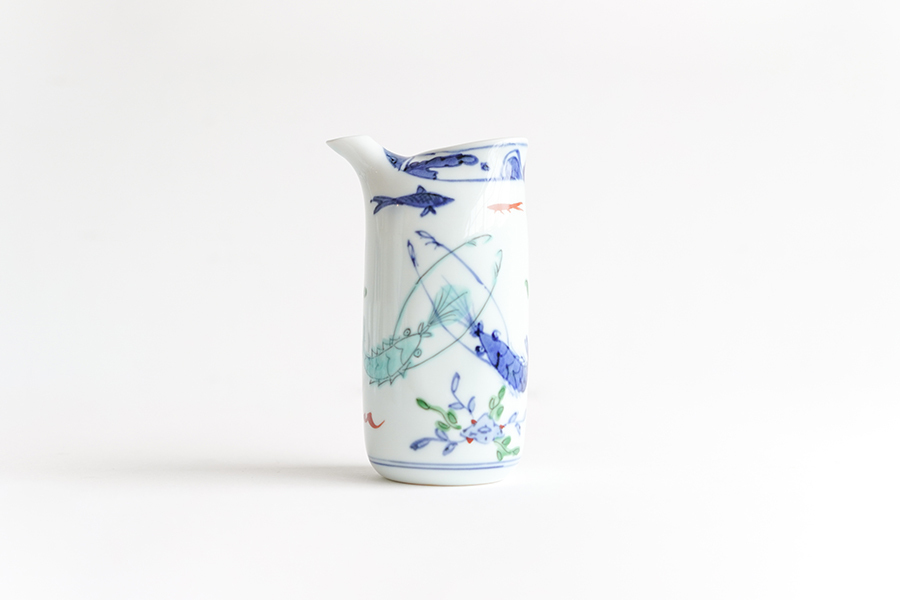 溪山窯-染錦双海老注器/清酒壺(MS)