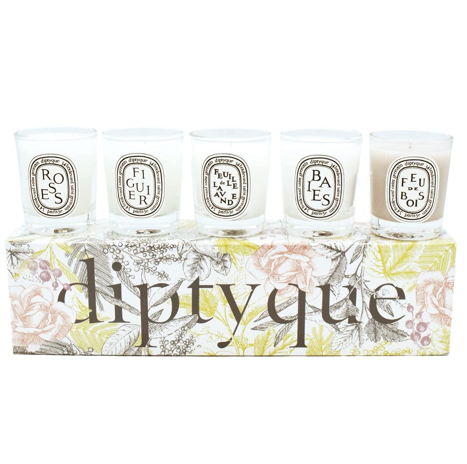 DIPTYQUE 蒂普提克 居家香氛香薰蠟燭 - 旅行尺寸小蠟燭節日禮物組:Baies、Roses、Figuier、Feuille de Lavande、Feu de Bois 5x35g