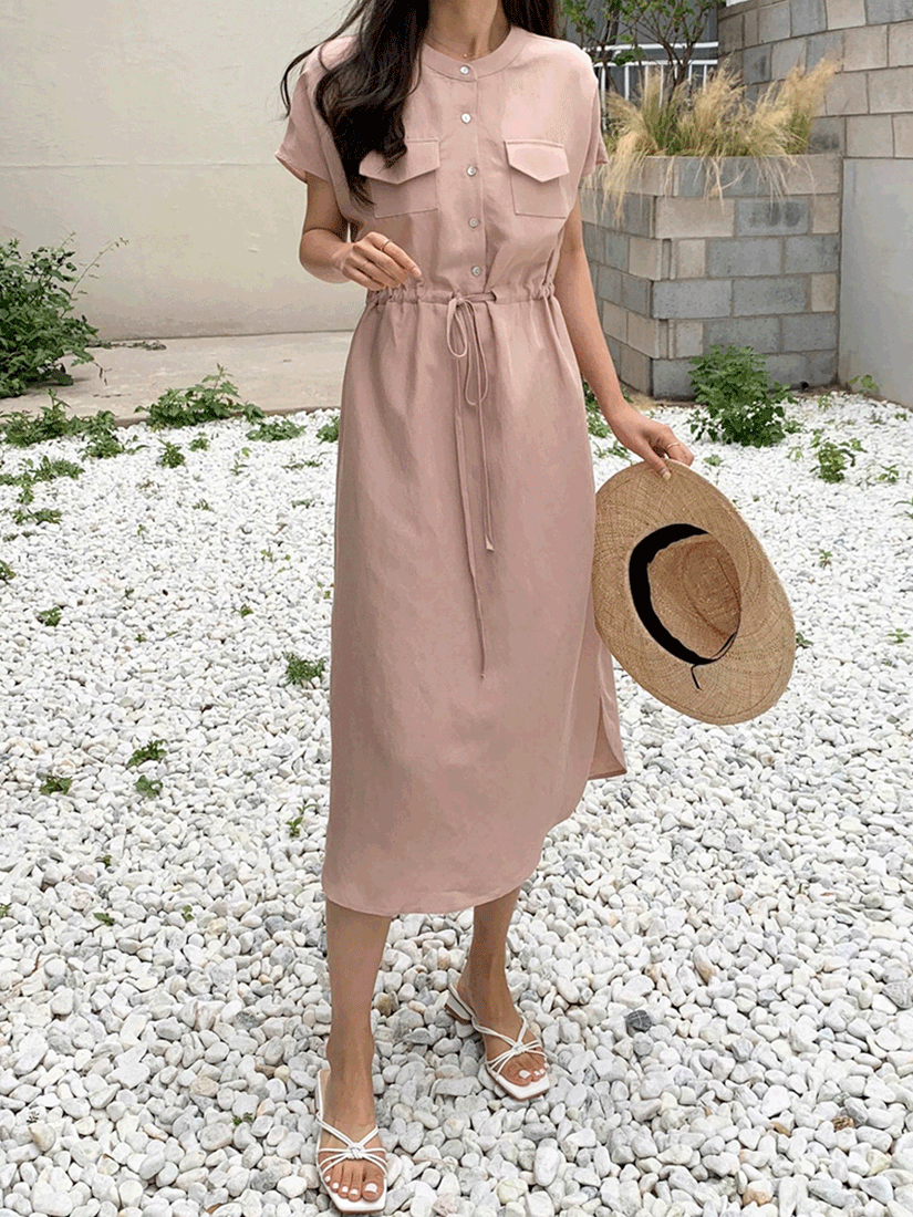 口袋圓領綁帶洋裝(粉紅色)