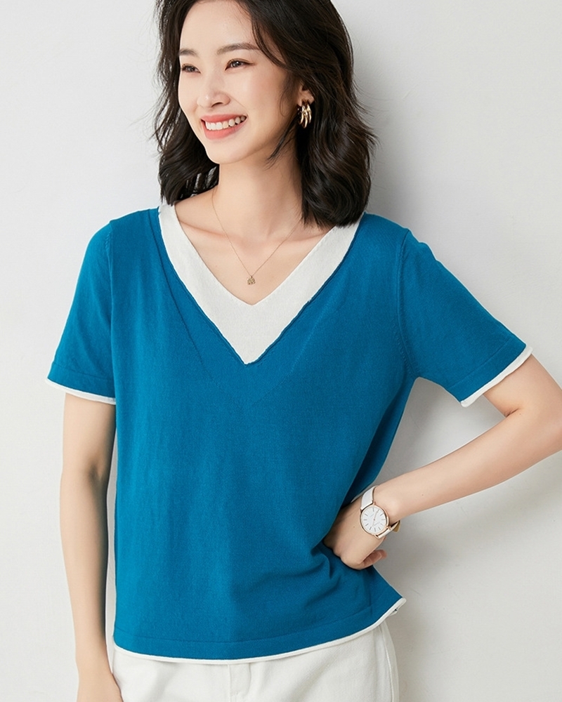 咖啡M【零碼出清不退換】V領配色假兩件針織上衣