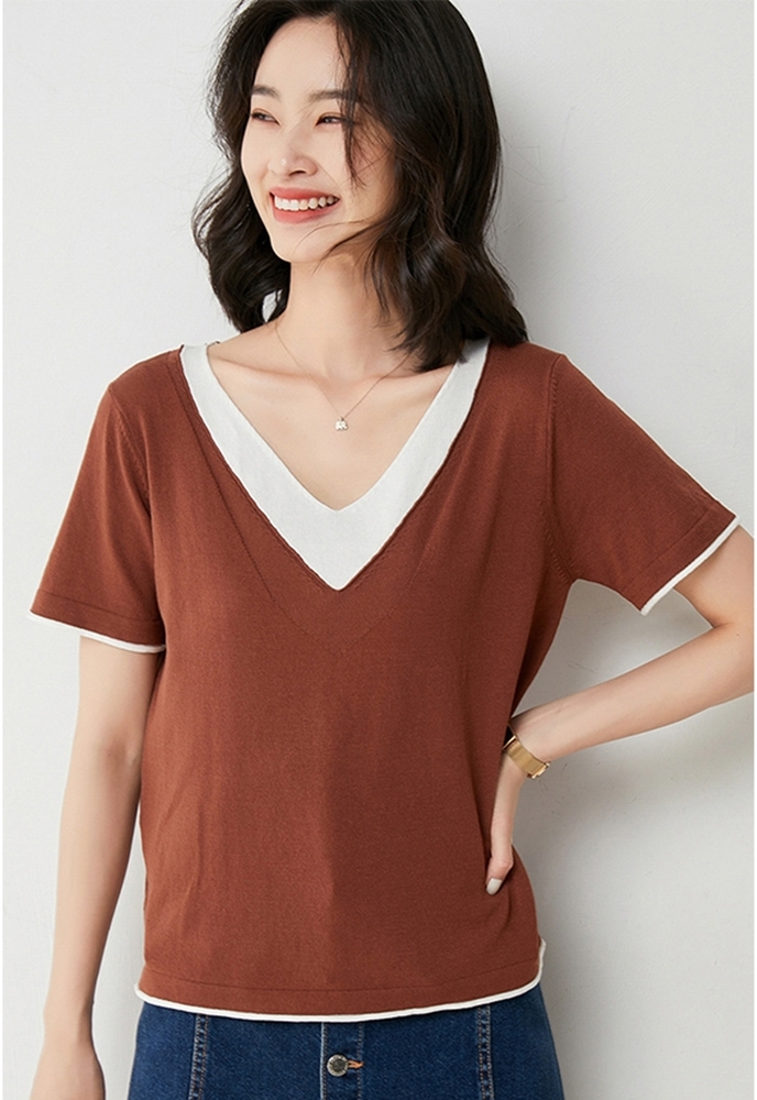 咖啡M【零碼出清不退換】V領配色假兩件針織上衣
