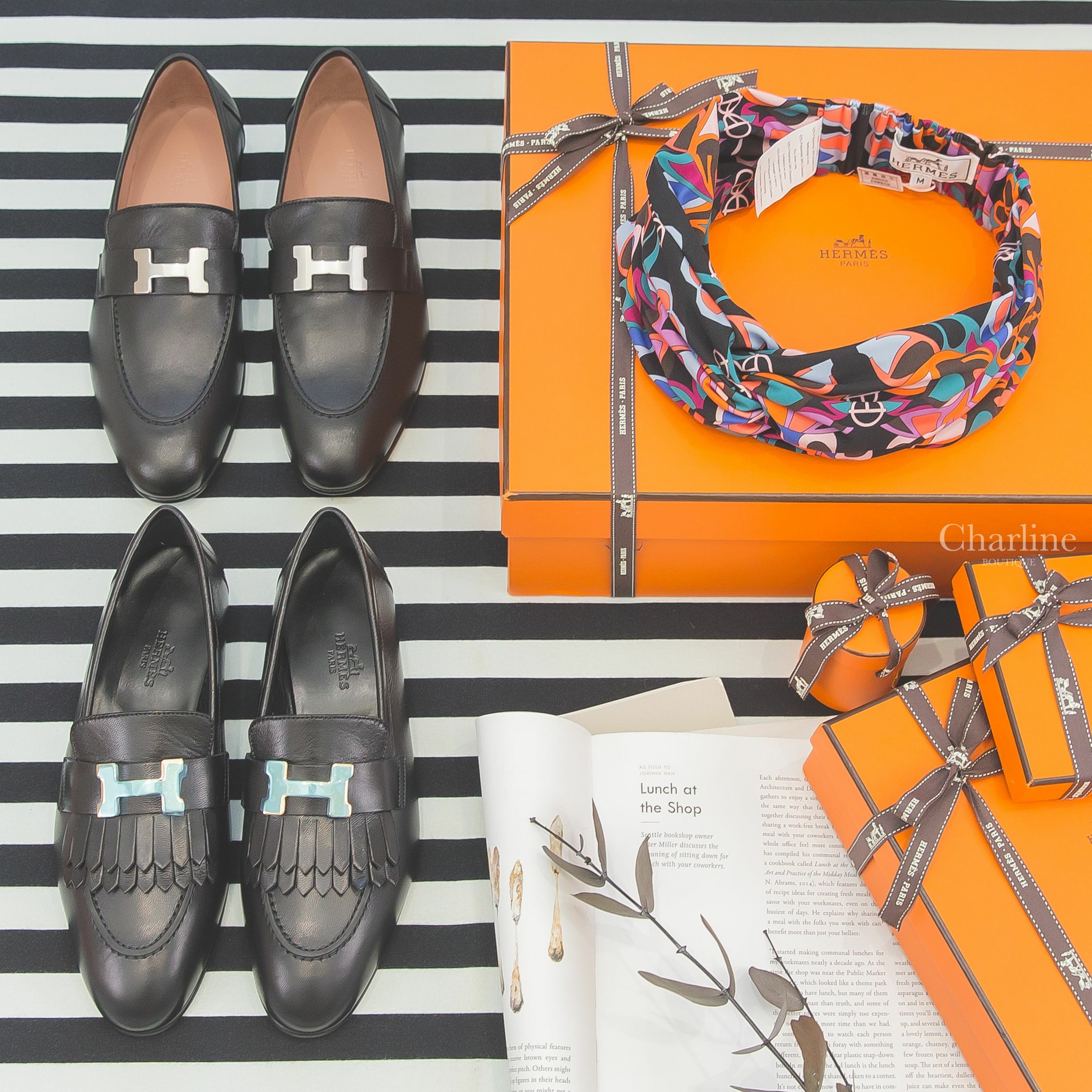Hermès Headband 雪酪粉圖騰彈性針織布鬆緊髮帶,Hermès Paris Loafer 黑色銀釦H山羊皮樂福鞋,Hermès Royal Loafer 黑色金釦H流蘇山羊皮樂福鞋-Charline Boutique 精品代購