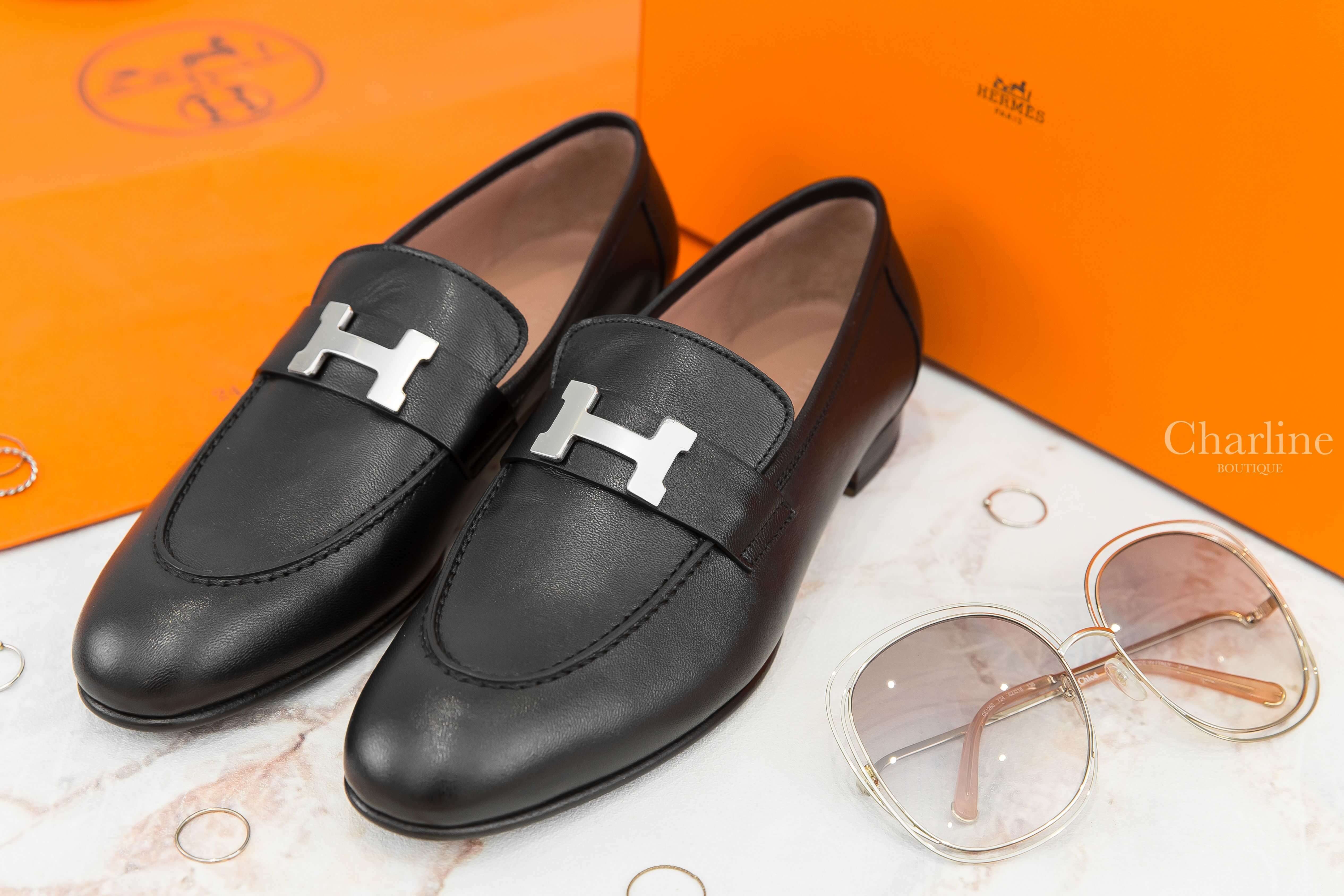 Hermès Paris Loafer 黑色銀釦H山羊皮樂福鞋-Charline Boutique 精品代購