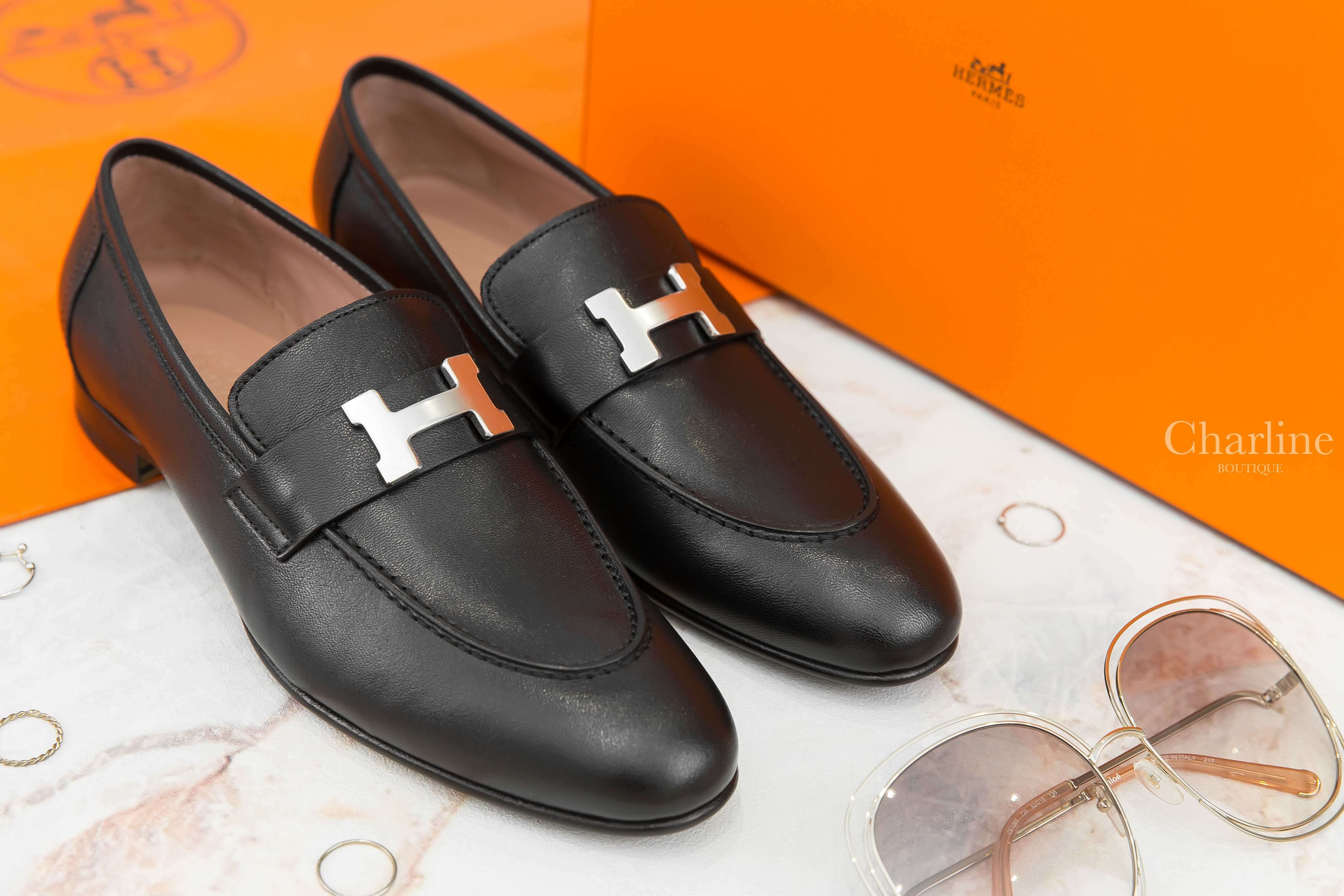 Hermès Paris Loafer 黑色銀釦H山羊皮樂福鞋-Charline Boutique 精品代購