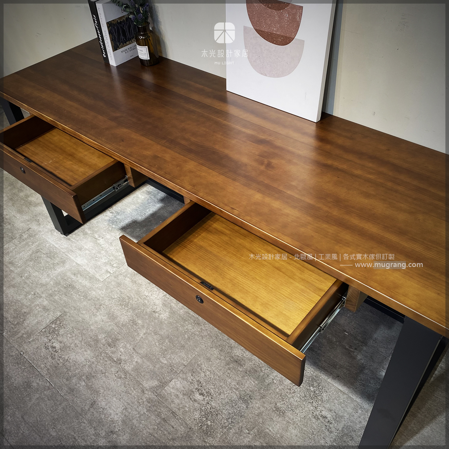 LOFT直角實木雙抽書桌|可訂製