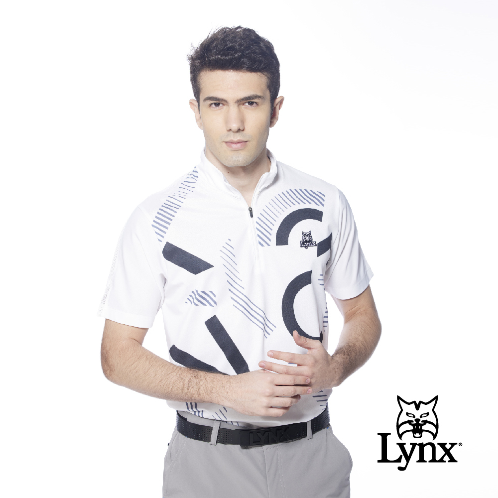 【Lynx Golf】男款吸排抗UV合身版Lynx英文圖樣短袖立領POLO衫/高爾夫球衫