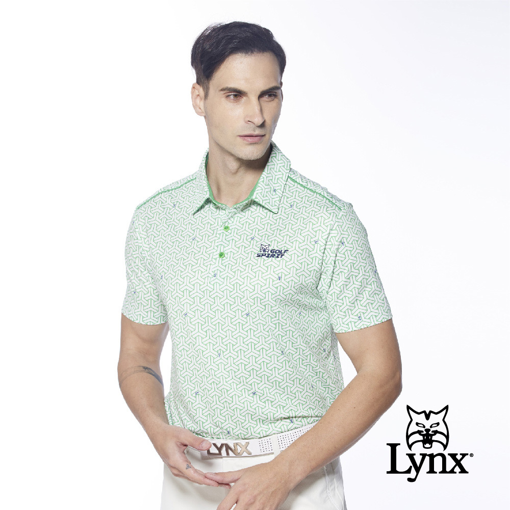 【Lynx Golf】男款吸排抗UV滿版幾何圖案造型肩線短袖POLO衫/高爾夫球衫