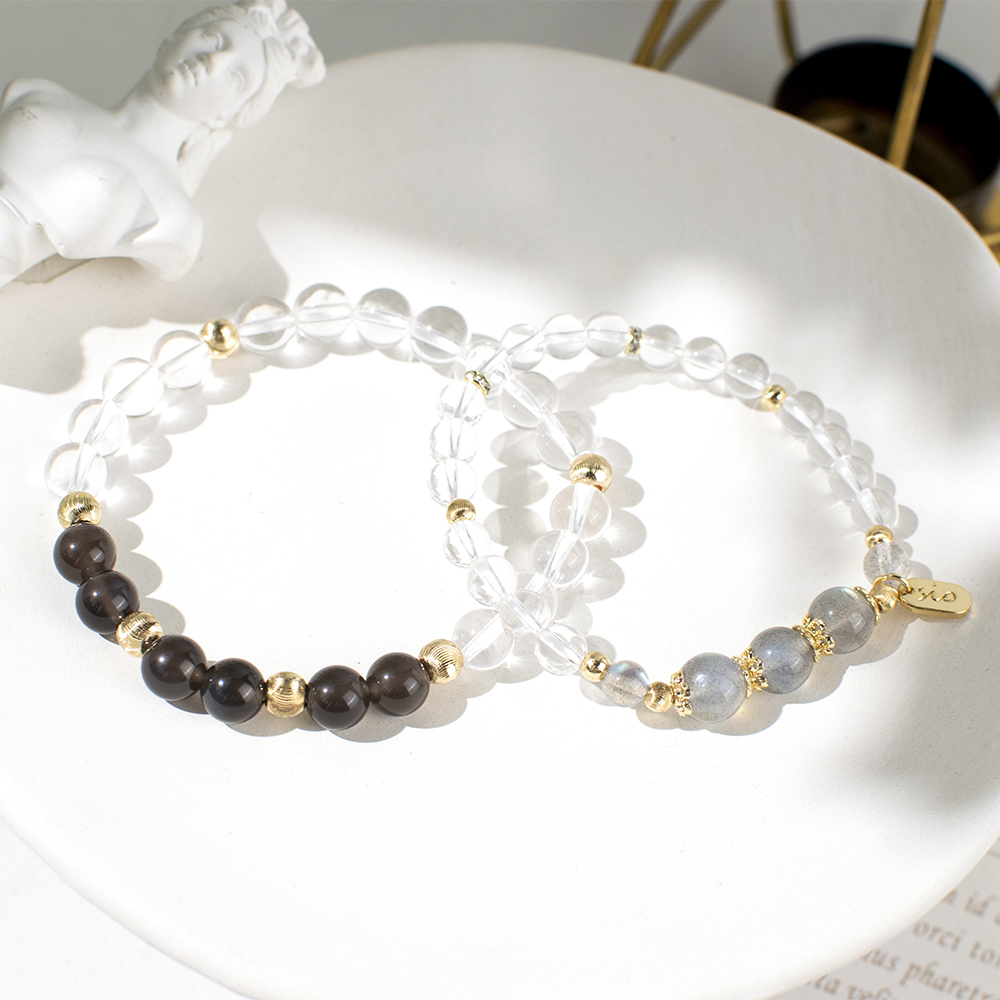 情侶對鍊【好運連連】白水晶茶晶月光石手鍊