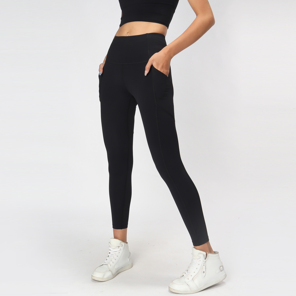 高腰修臀側口袋九分瑜珈/運動/緊身機能褲*