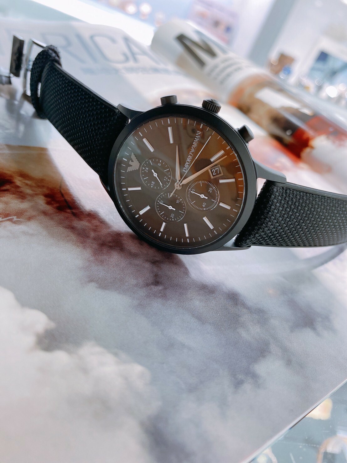 【EMPORIO ARMANI】全黑經典三眼男錶 AR11457 43mm  現代鐘錶