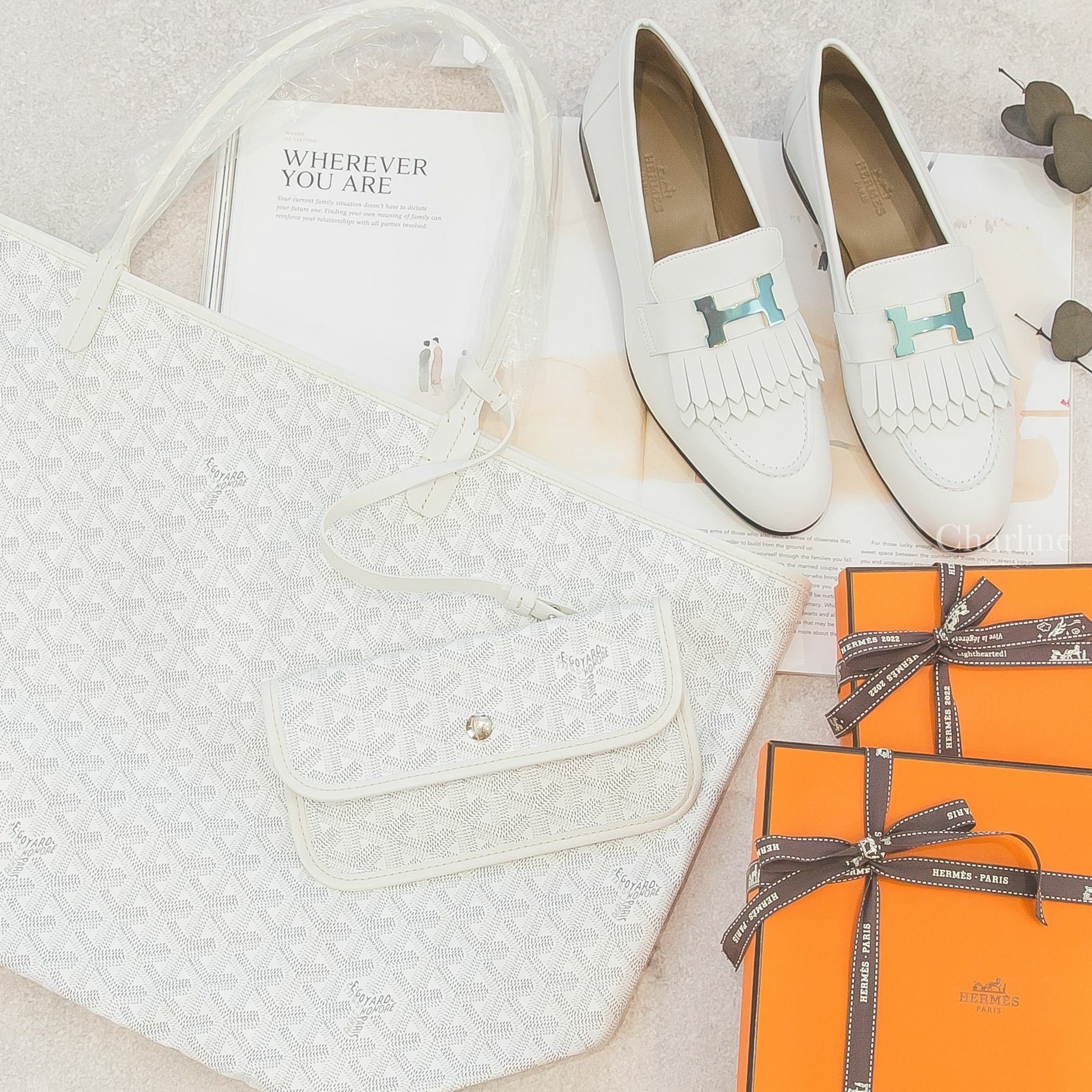Goyard Sac Saint Louis GM Tote Bag 白色白提把大型無拉鍊托特包,Hermès Royal Loafer 白色金釦H流蘇牛皮樂福鞋-Charline Boutique 精品代購