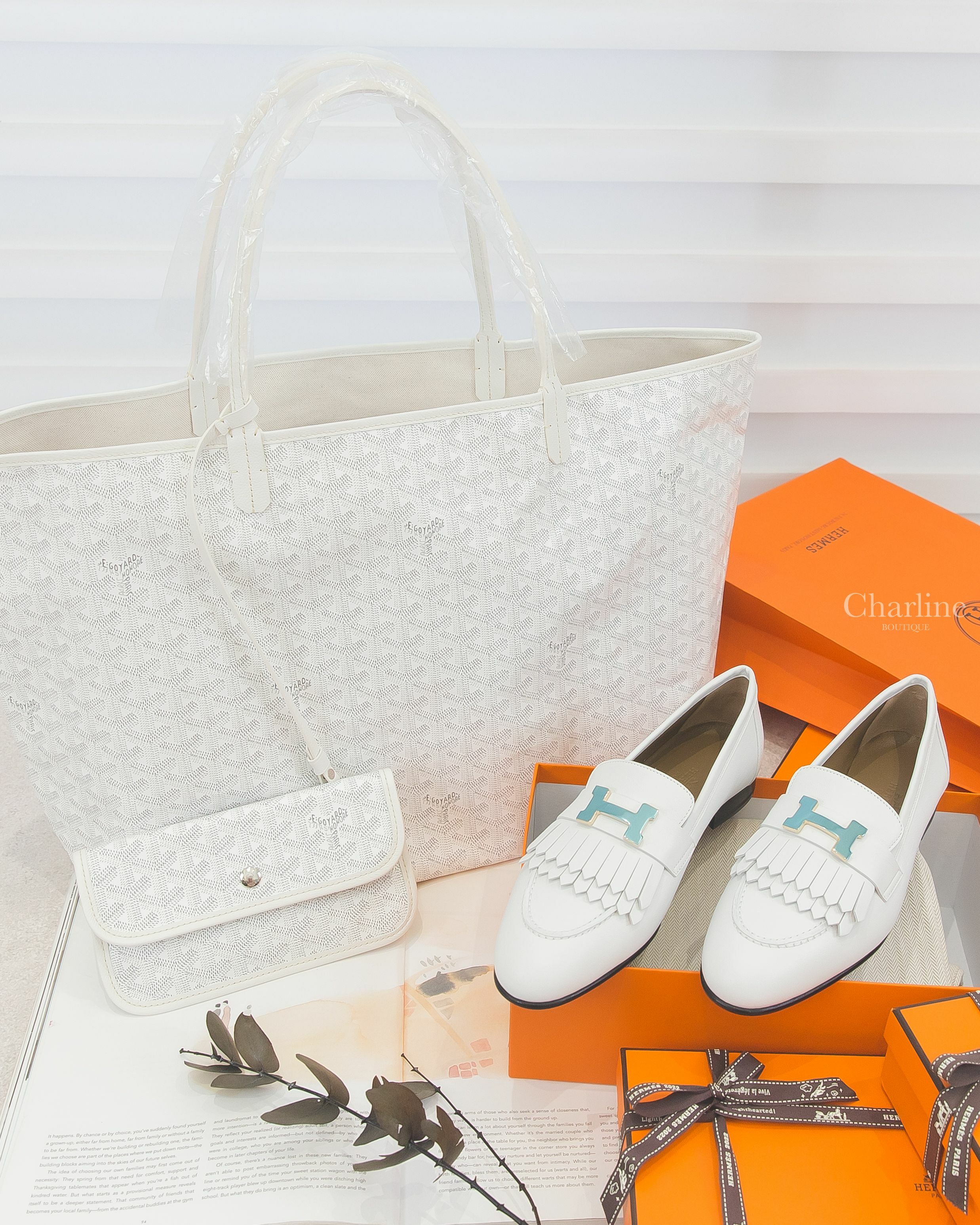 Goyard Sac Saint Louis GM Tote Bag 白色白提把大型無拉鍊托特包,Hermès Royal Loafer 白色金釦H流蘇牛皮樂福鞋-Charline Boutique 精品代購