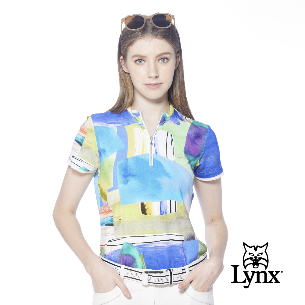 【Lynx Golf】女款歐洲進口布料滿版幾何圖樣印花短袖立領POLO衫