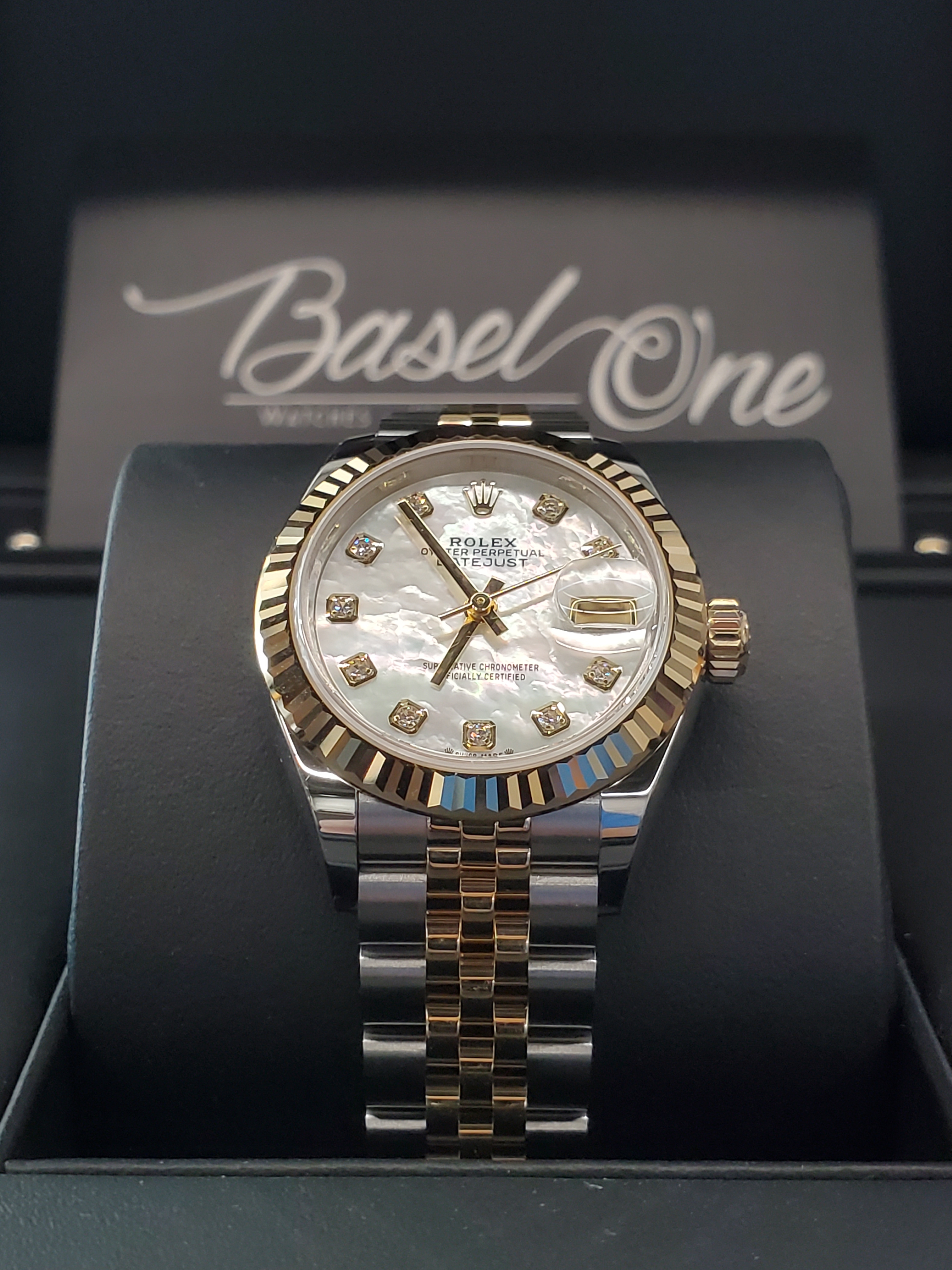 BRAND NEW ROLEX 279173 WHITE MOP DIAL WITH DIAMOND YELLOW GOLD STEEL DATEJUST JUBILEE STRAP 28 MM