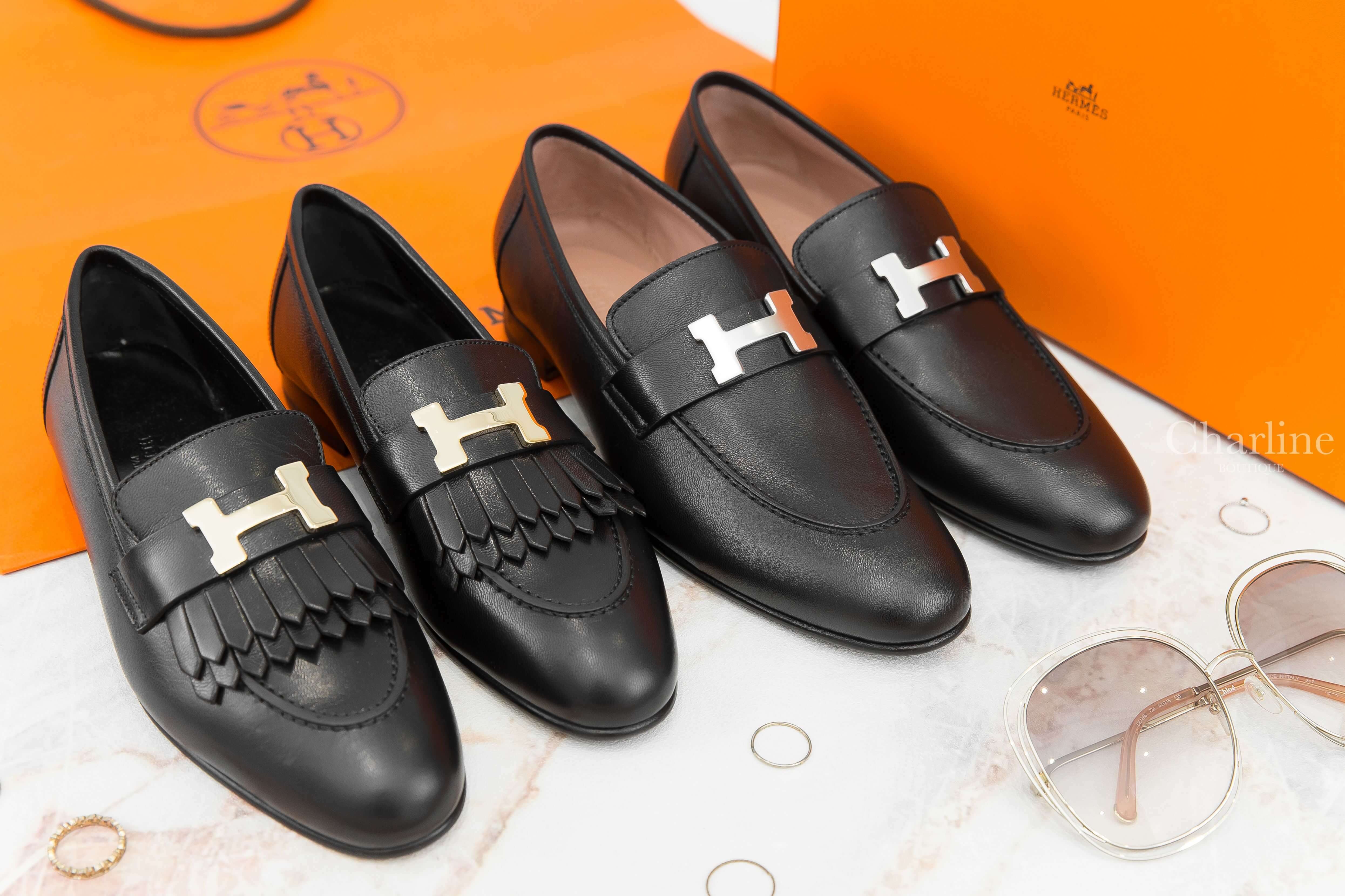 Hermès Paris Loafer 黑色銀釦H山羊皮樂福鞋,Hermès Royal Loafer 黑色金釦H流蘇山羊皮樂福鞋-Charline Boutique 精品代購