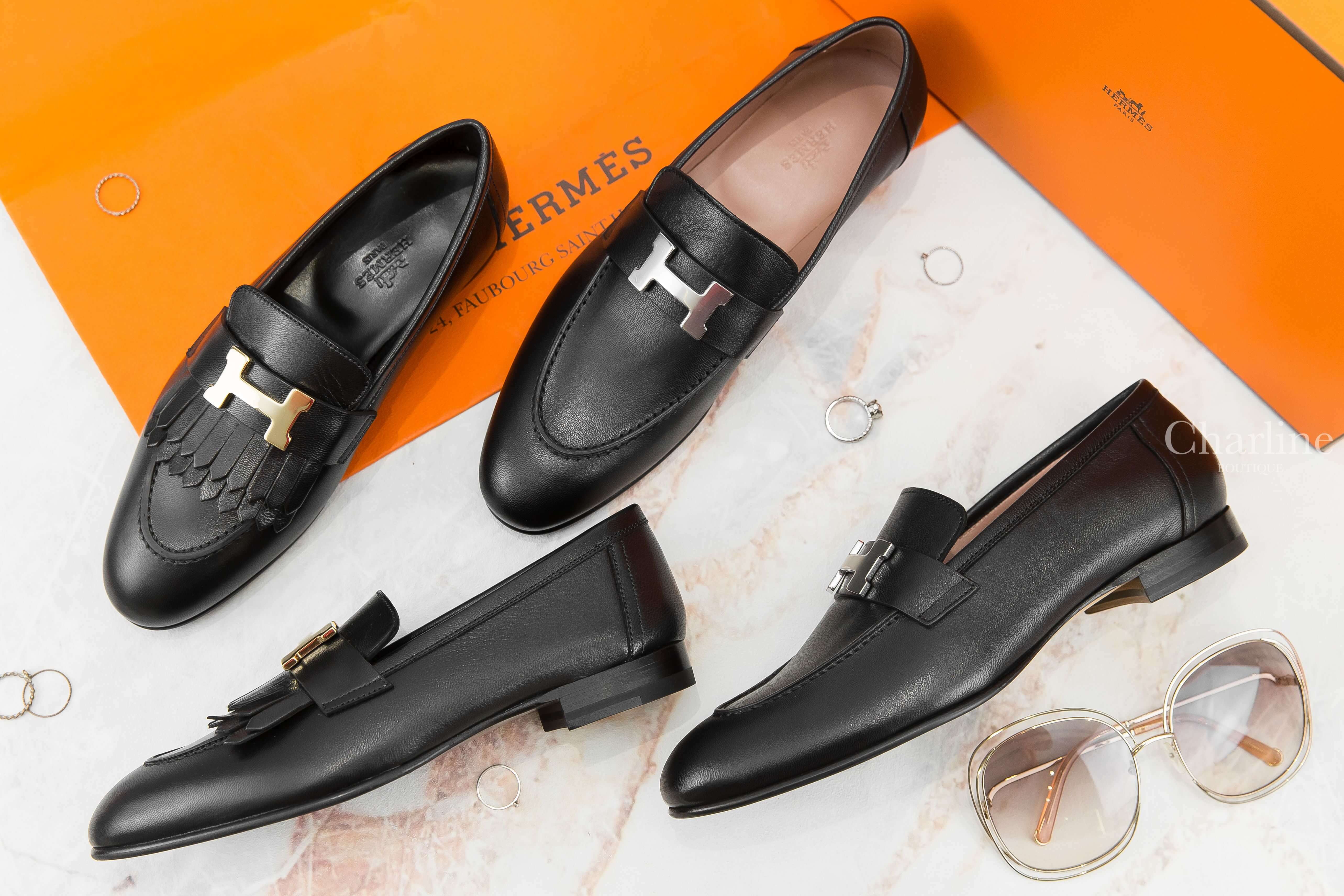 Hermès Paris Loafer 黑色銀釦H山羊皮樂福鞋,Hermès Royal Loafer 黑色金釦H流蘇山羊皮樂福鞋-Charline Boutique 精品代購