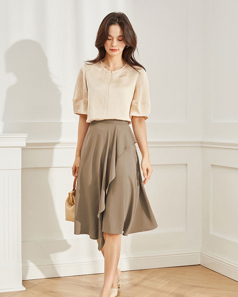 藏青S【零碼出清不退換】單襬荷葉A字中長裙