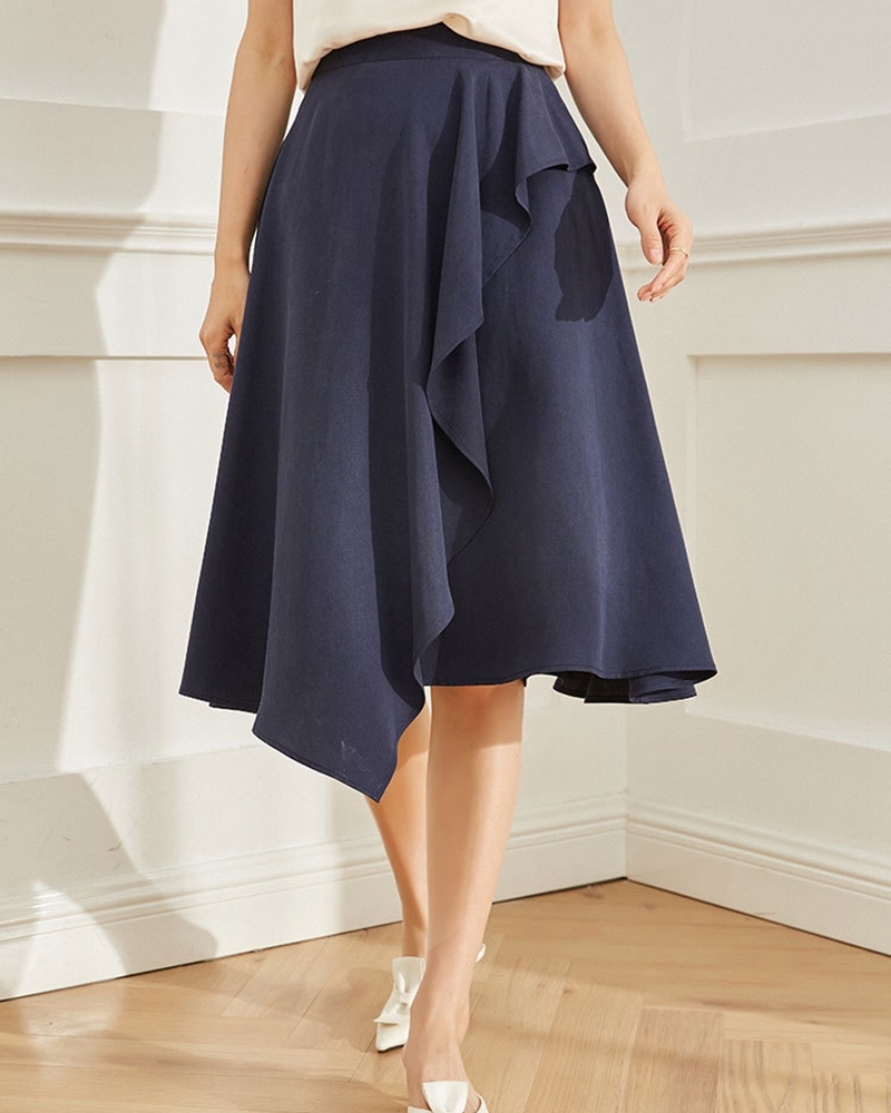 藏青S【零碼出清不退換】單襬荷葉A字中長裙