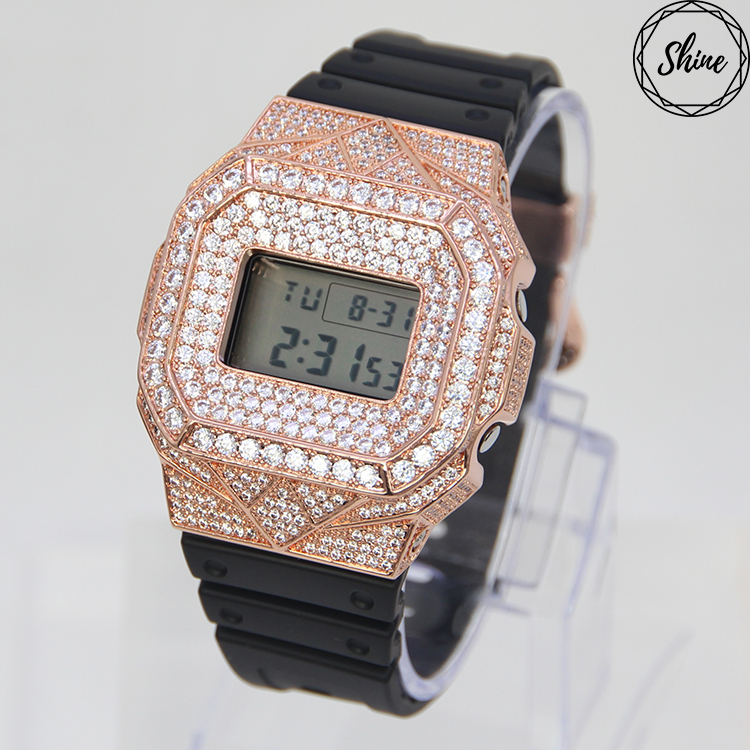 客製 DW-5600E-1 玫瑰金色方塊鑲石金屬錶殼全套