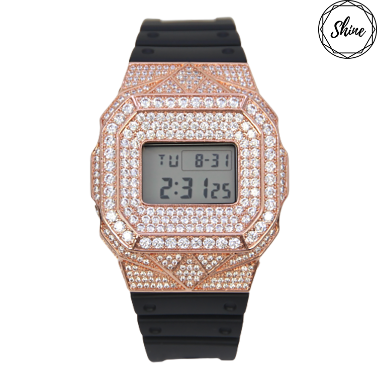 客製 DW-5600E-1 玫瑰金色方塊鑲石金屬錶殼全套
