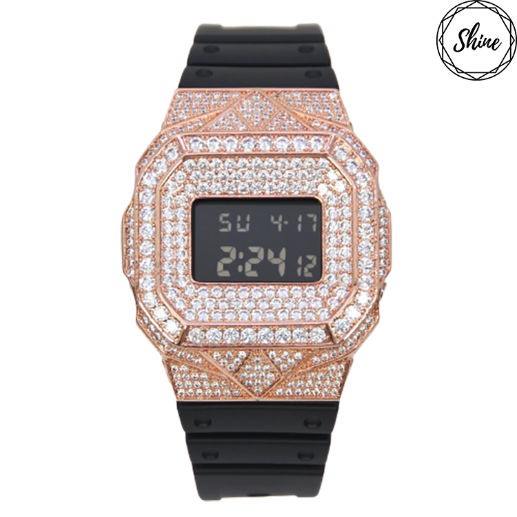 客製 DW-5600BB-1 玫瑰金色方塊鑲石金屬錶殼全套