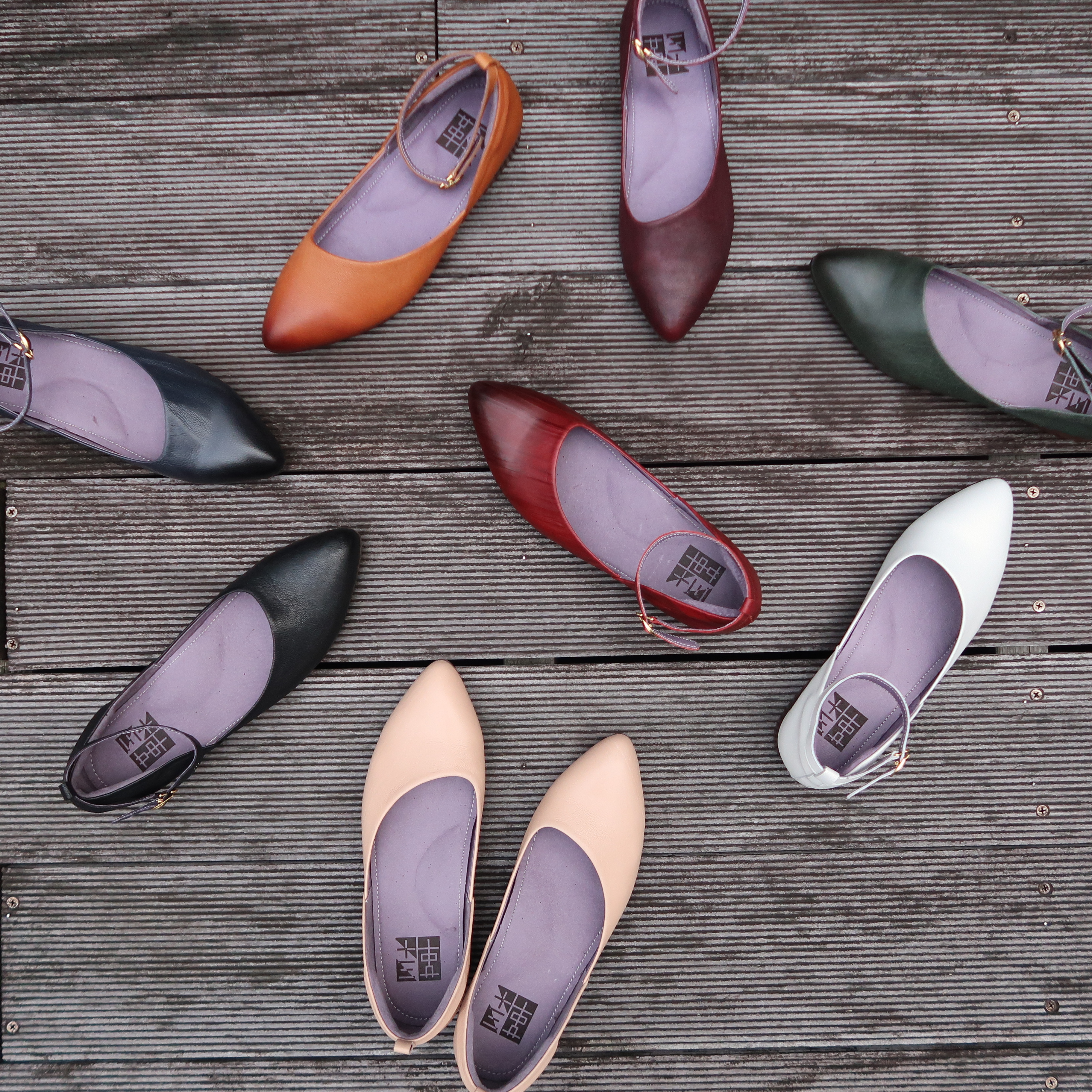 【45度斜裁女王】兩穿全真皮小木跟斜片剪裁流線繞帶尖頭平底鞋奧賽鞋