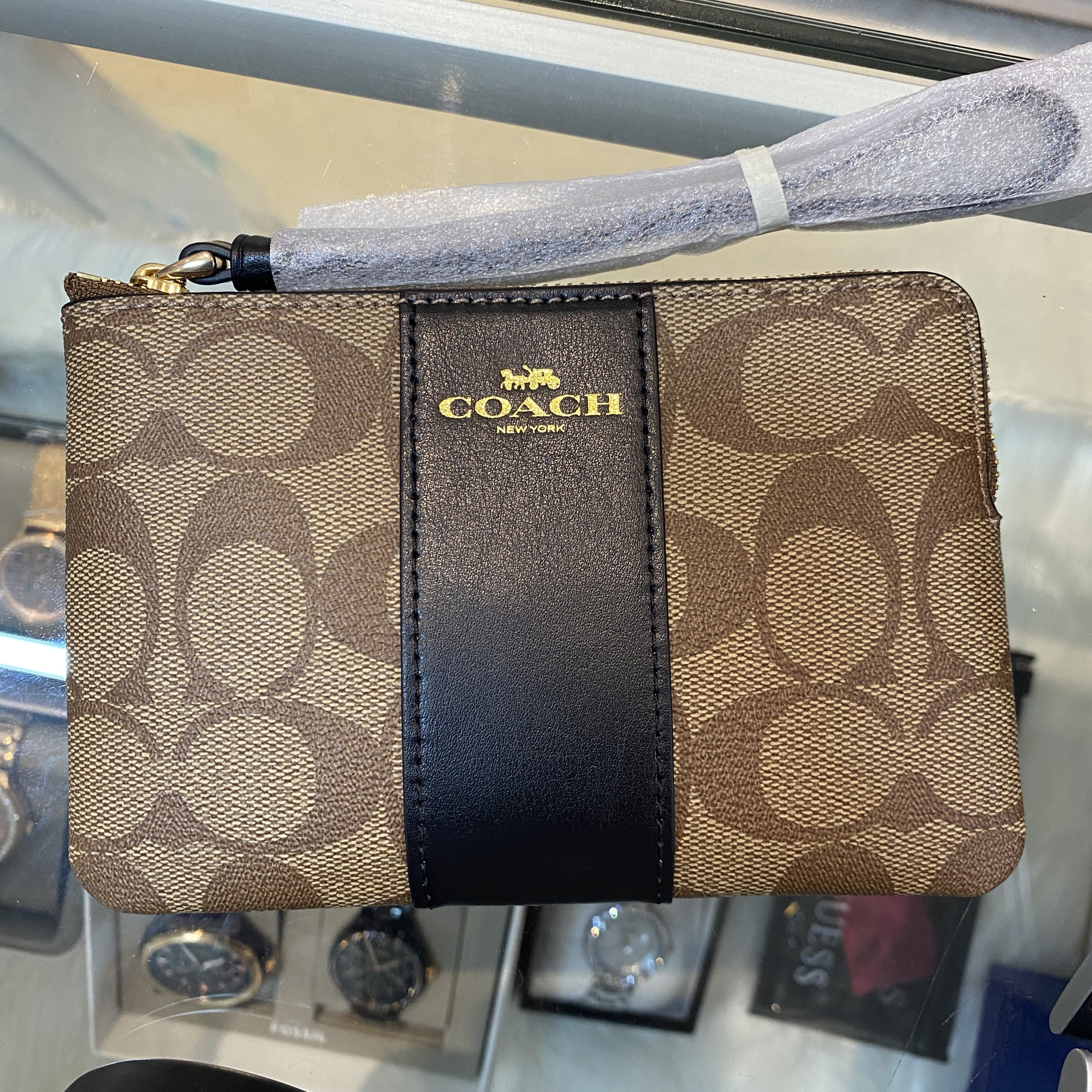 [S] COACH F58035 SIG PVC LTH CRN ZIP KHAKI BLACK, 193971175546 (SCO19)