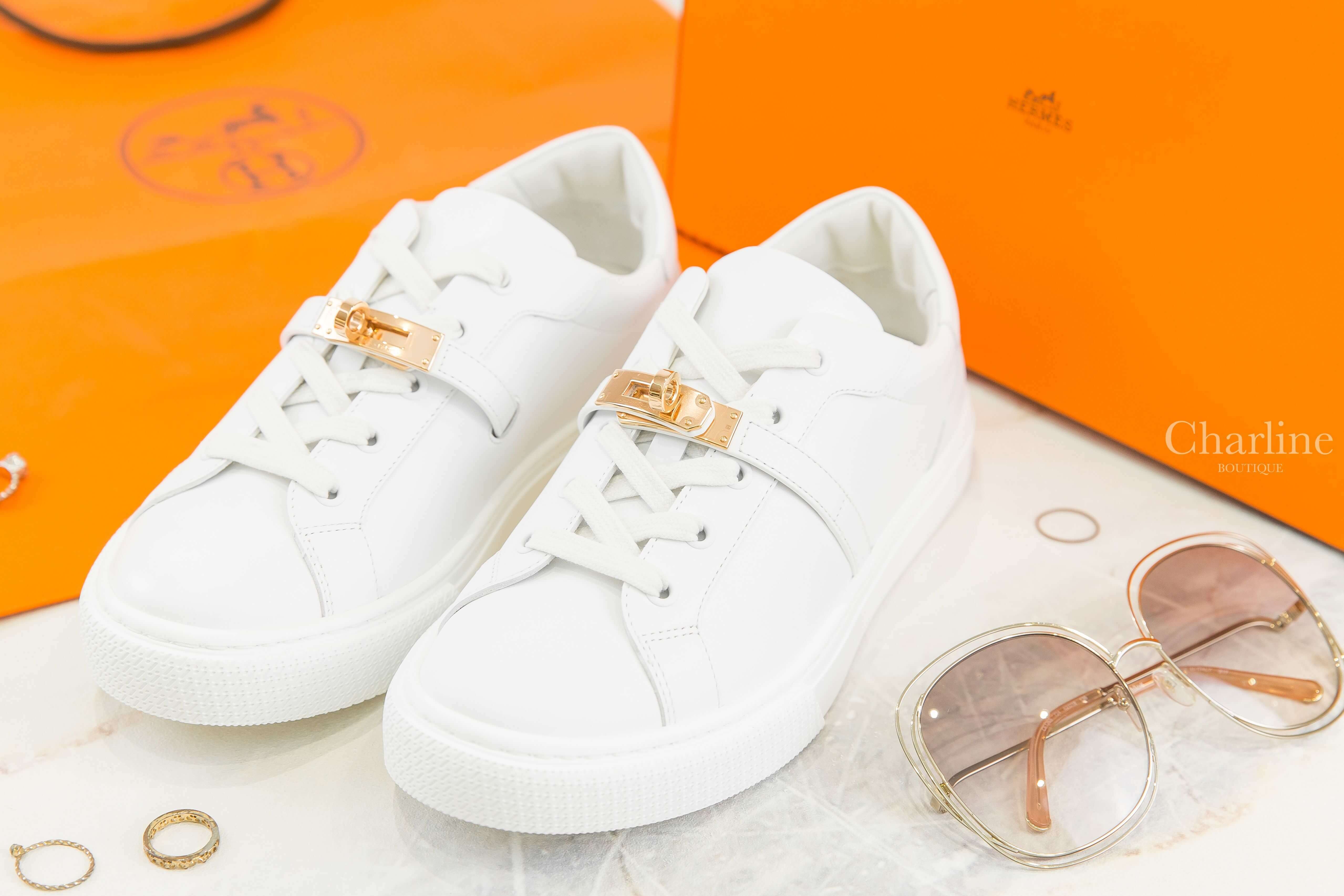 Hermès Day Sneaker 白色玫瑰金釦小牛皮運動鞋-Charline Boutique 精品代購