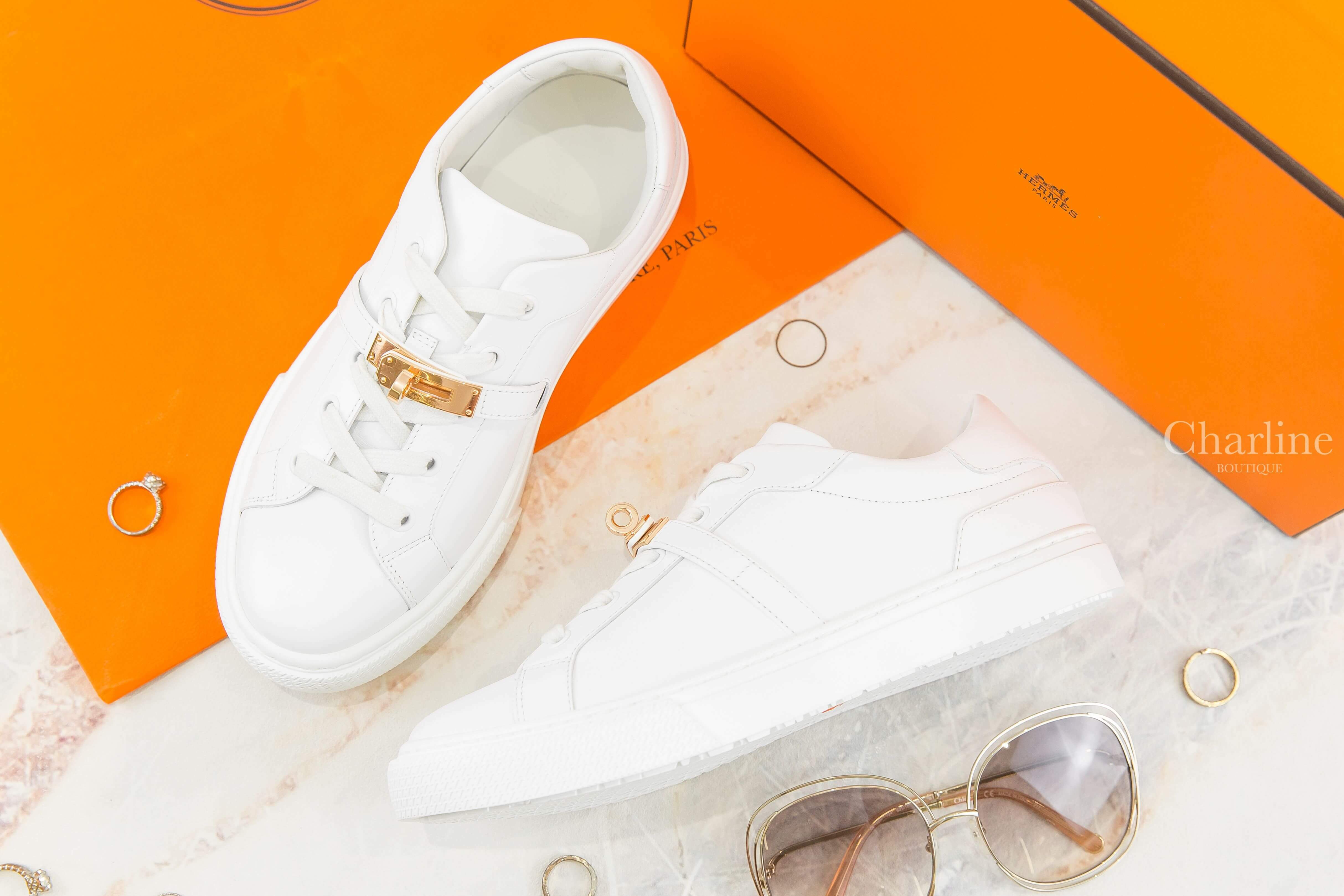 Hermès Day Sneaker 白色玫瑰金釦小牛皮運動鞋-Charline Boutique 精品代購