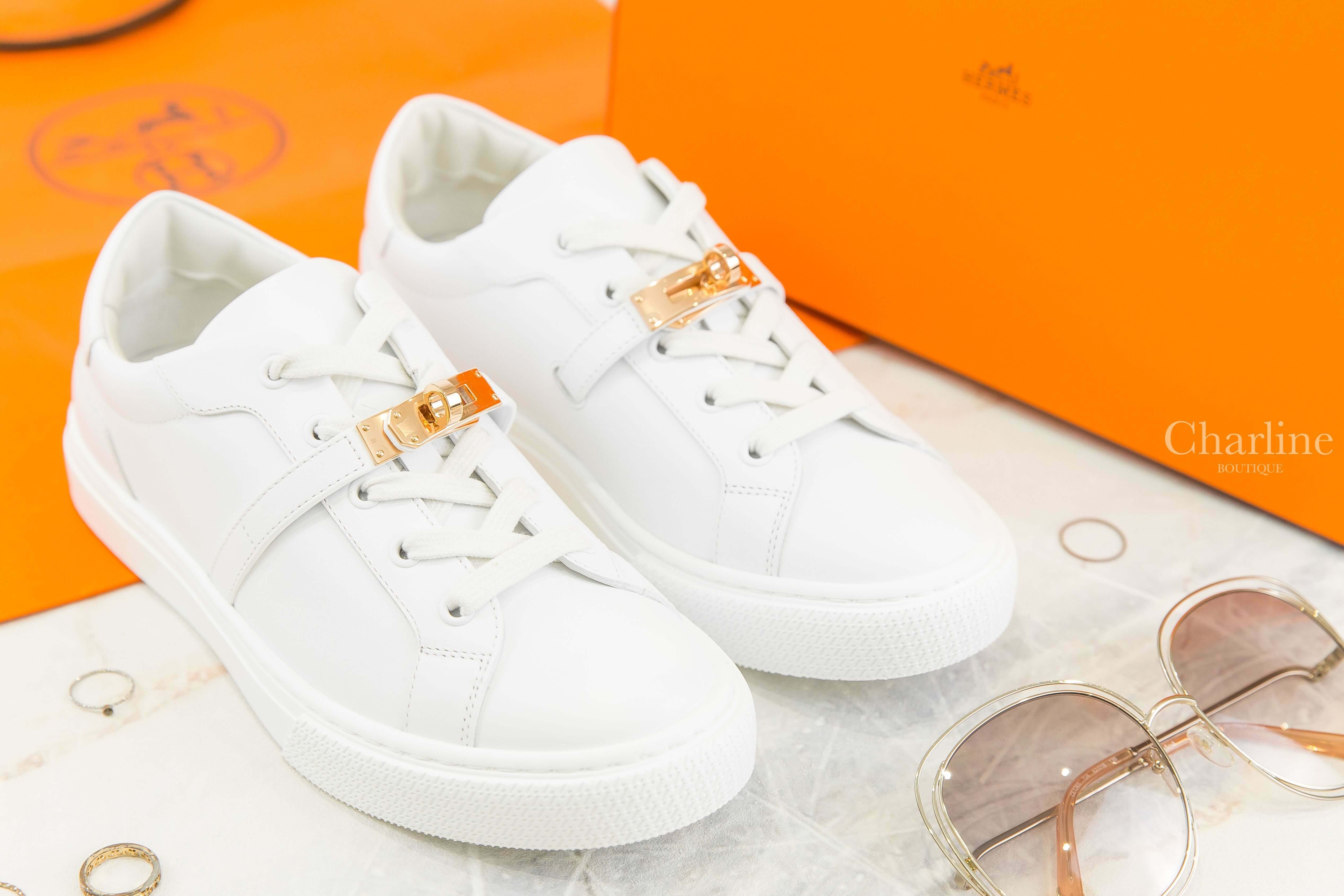 Hermès Day Sneaker 白色玫瑰金釦小牛皮運動鞋