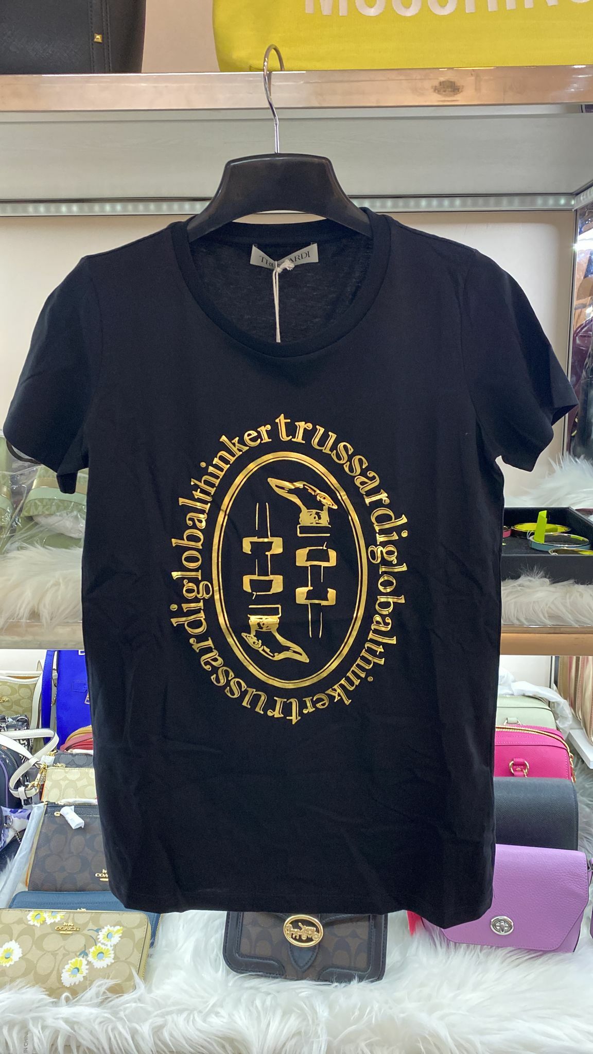 [S] TRUSSARDI SLIM FIT COTTON T-SHIRT WITH LAMINATED PRINT,BLACK, 56T00397-1T005341, FINAL SALE (STJ15)