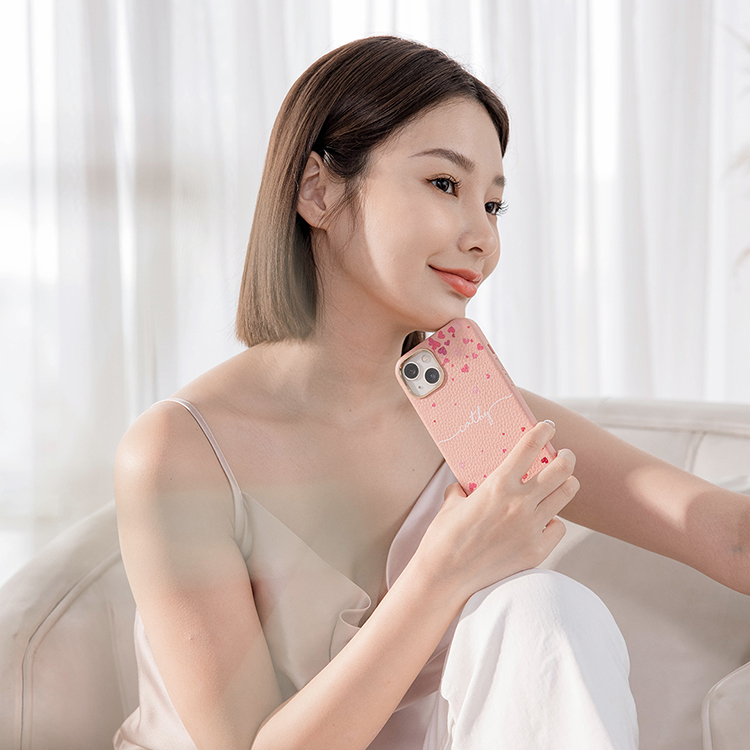 繽紛愛心 蜜荔殼 蜜荔粉皮革殼 - (訂製名字) iPhone客製化手機殼