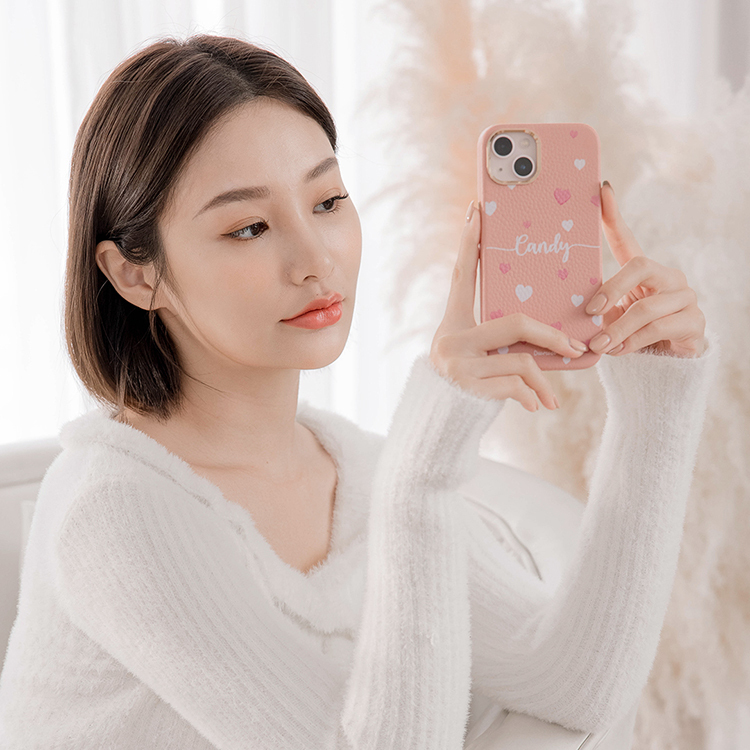少女愛心 蜜荔殼 蜜荔粉皮革殼 - (訂製名字) iPhone客製化手機殼
