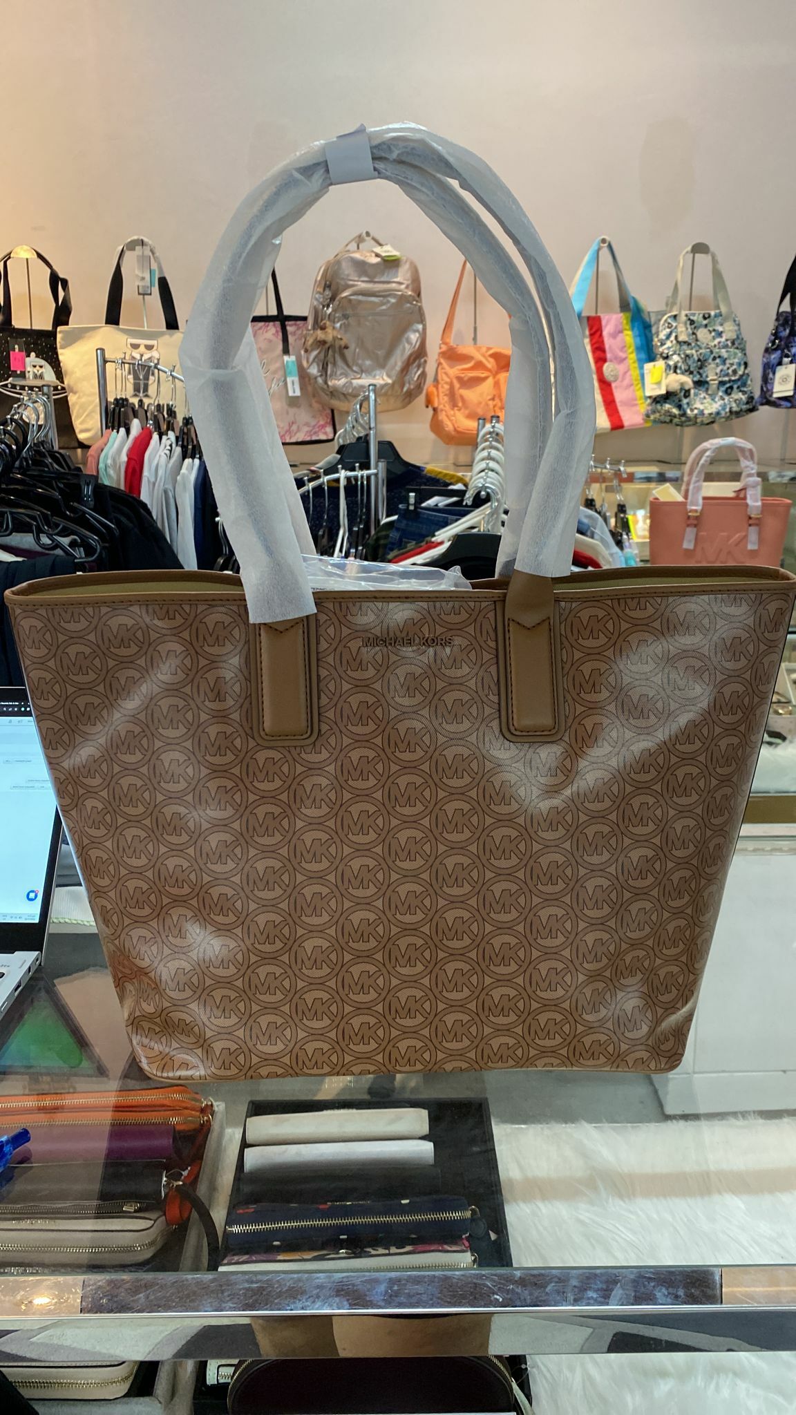 [S] MICHAEL KORS 35H1T2JT3C JODIE LARGE LOGO JACQUARD TOTE BAG,LUGGAGE, 194900912447 (SMK68)