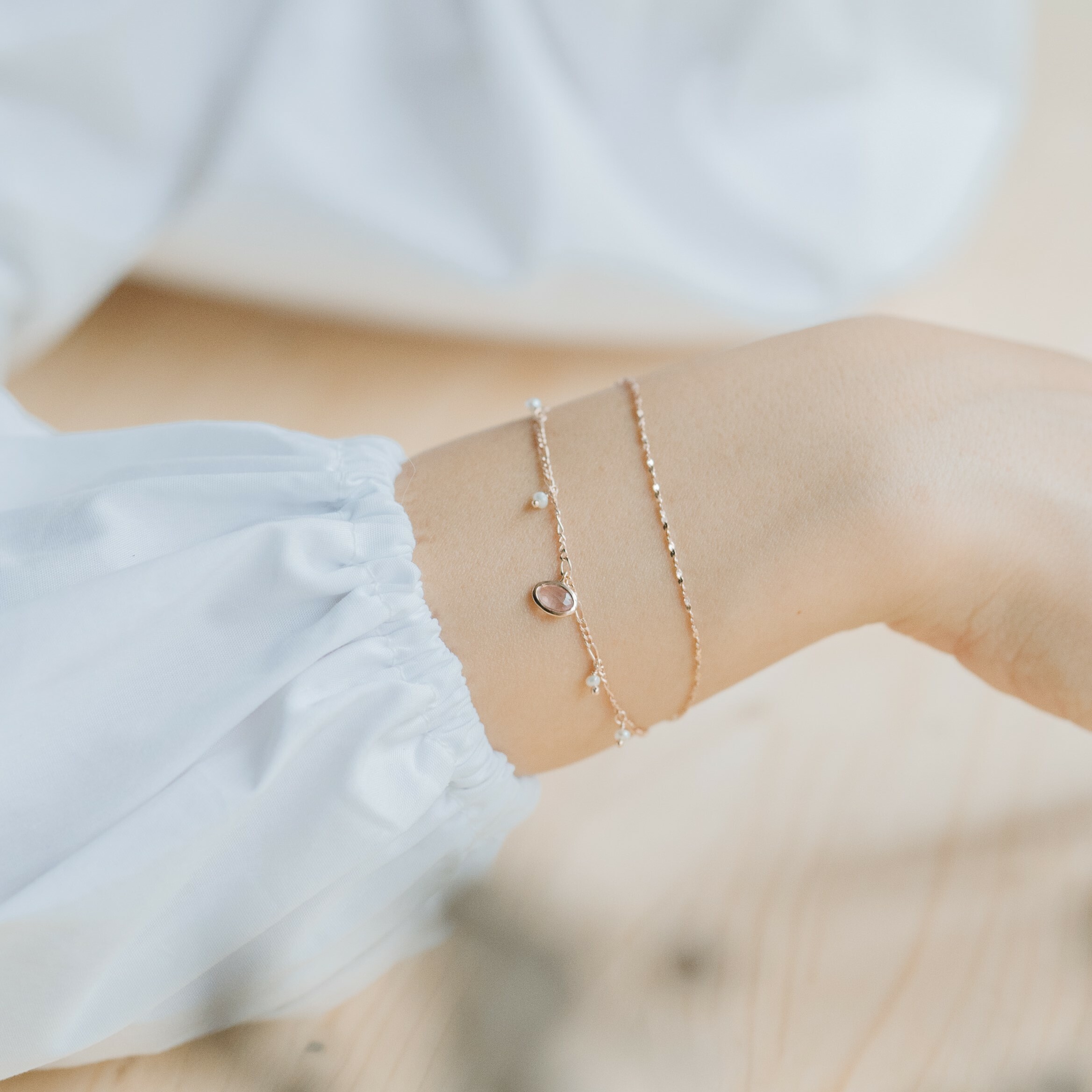 橫橢圓粉晶珍珠shiny雙層手鏈