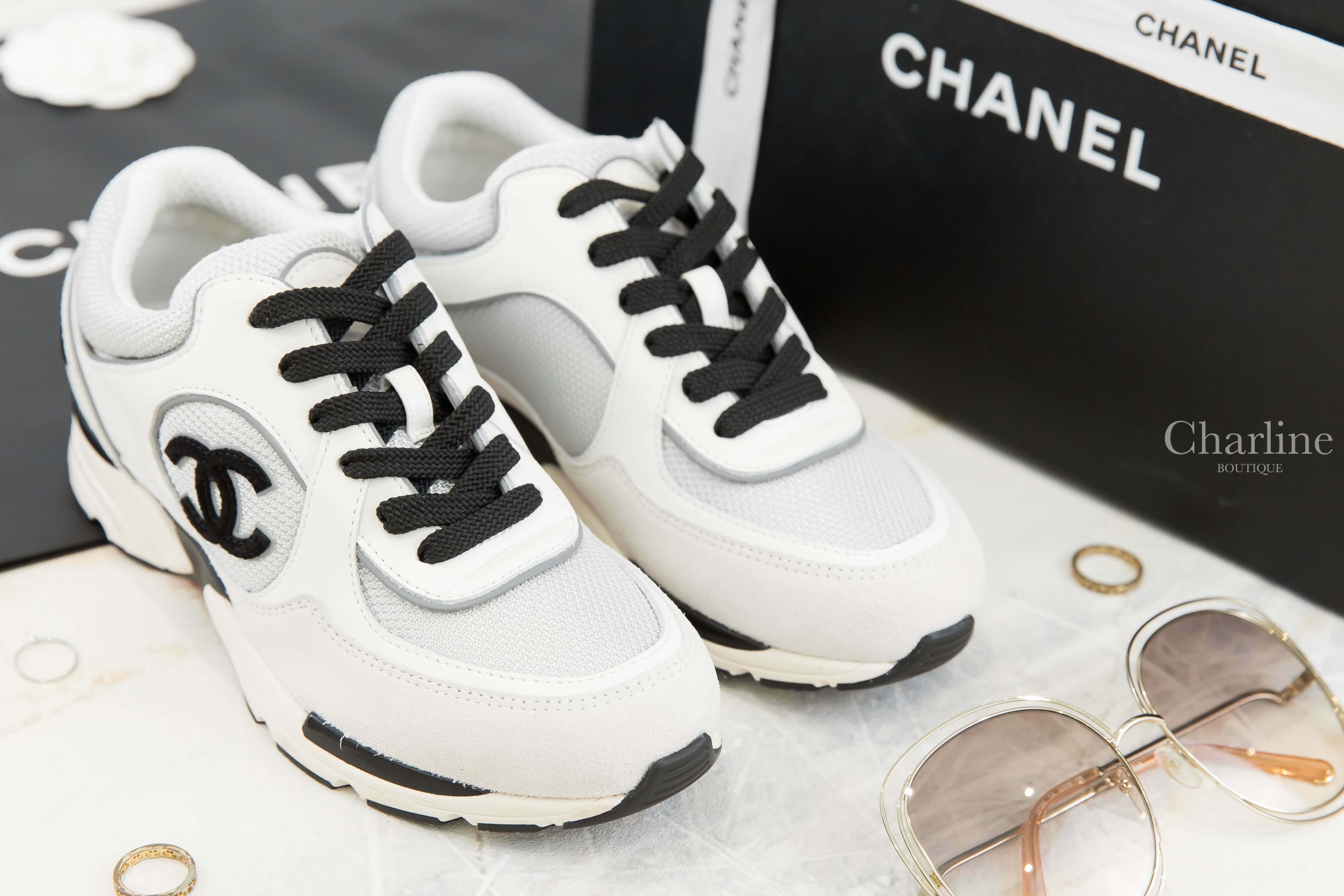 Chanel Trainers 白色網狀布面拼灰麂皮黑CC牛皮運動鞋-Charline Boutique 精品代購