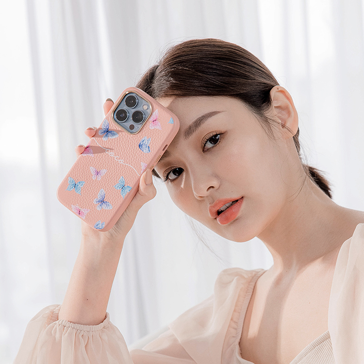 少女風蝴蝶 蜜荔殼 蜜荔粉皮革殼 - (訂製名字) iPhone客製化手機殼