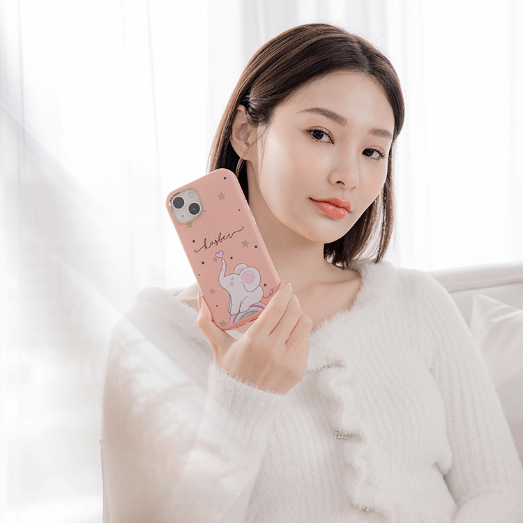 白色小象 蜜荔殼 蜜荔粉皮革殼 - (訂製名字) iPhone客製化手機殼