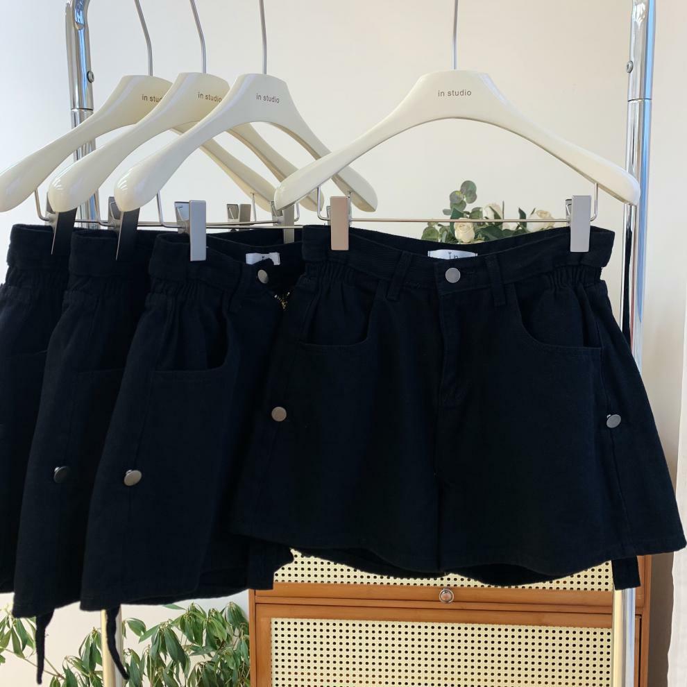 2穿高腰反摺 牛仔短褲(黑/卡其/藍)