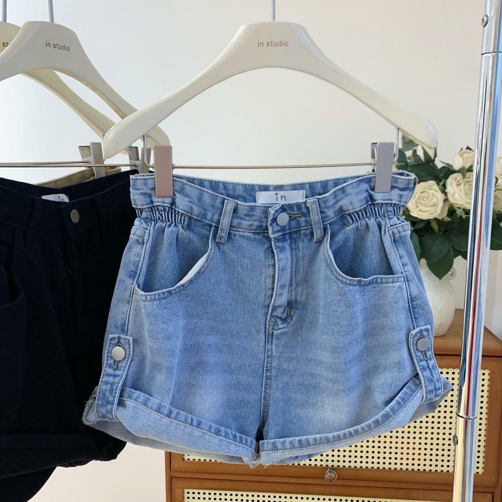 2穿高腰反摺 牛仔短褲(黑/卡其/藍)